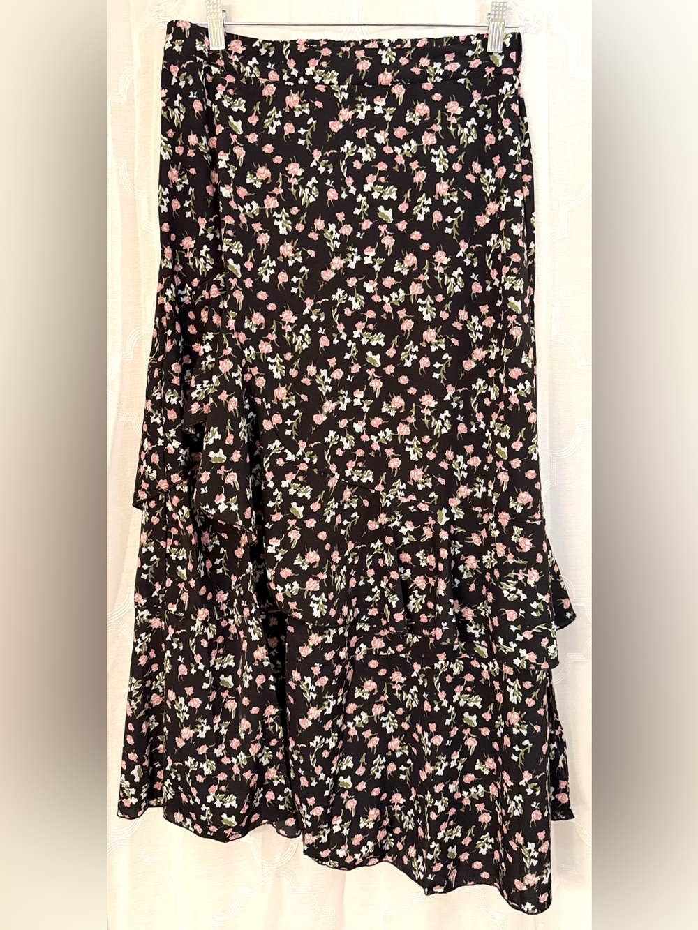BTFBM Black Floral Wrap Midi Skirt Ruffle Hem Boho Romantic Size Large